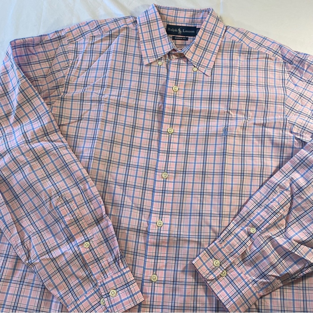 Ralph Lauren Men's Pink and Blue Plaid Classic Fit Shirt 16.5 Large